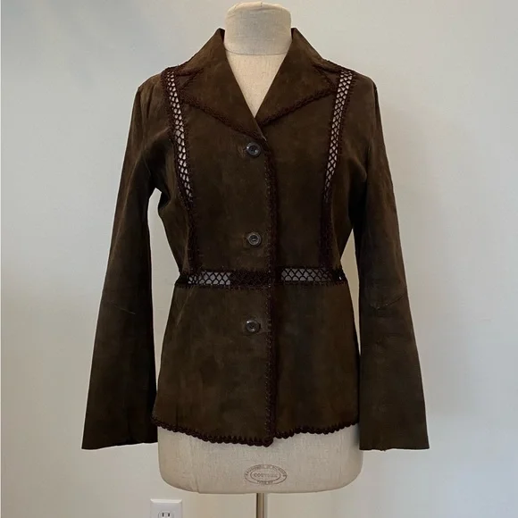 White Stag Womens Vintage Brown Suede Blazer w Macramé Trim Size 4/6 - Picture 2 of 11